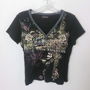 Skinny Minnie Women's Floral V Neck Short Sleeve Studded Shirt Top Blouse